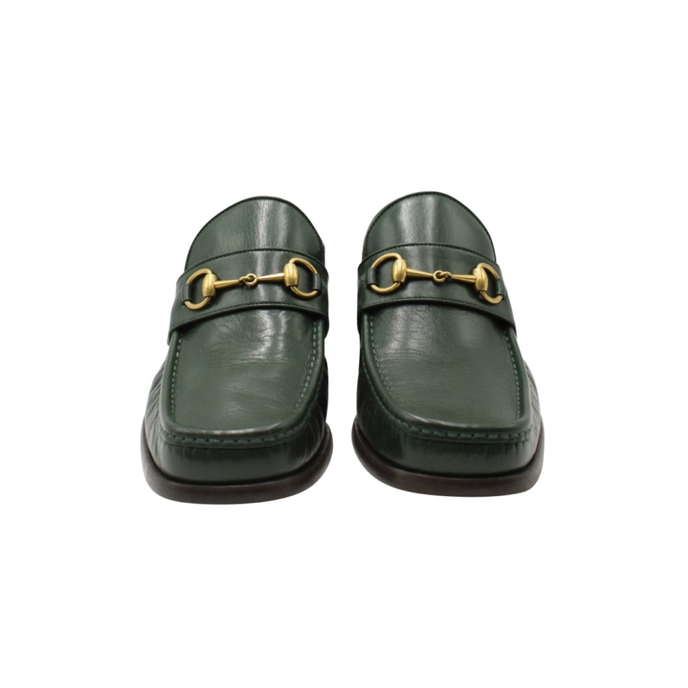Gucci Dark Green Leather Loafers with Gold Accents